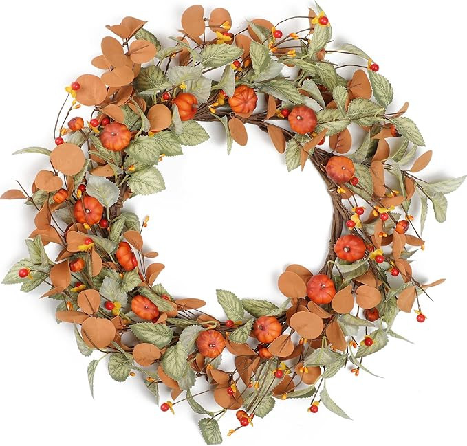 Fall Wreath for Front Door, Autumn Wreath with Pumpkin and Eucalyptus Leaf, Farmhouse Fall Decora... | Amazon (US)
