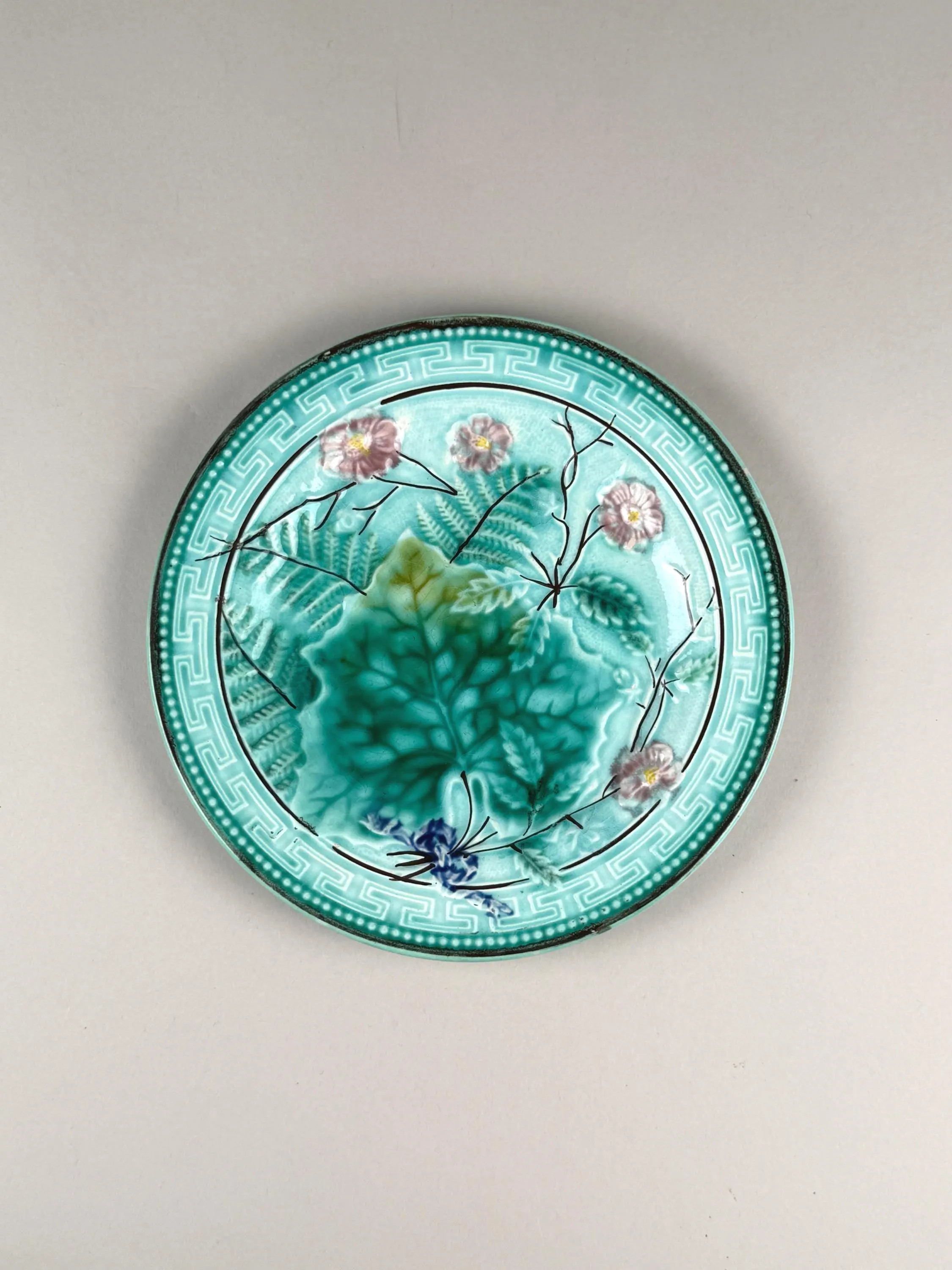 German Majolica Plate – Turquoise Ferns, Roses, Greek Key Border (Circa 1890) | Etsy (Global)