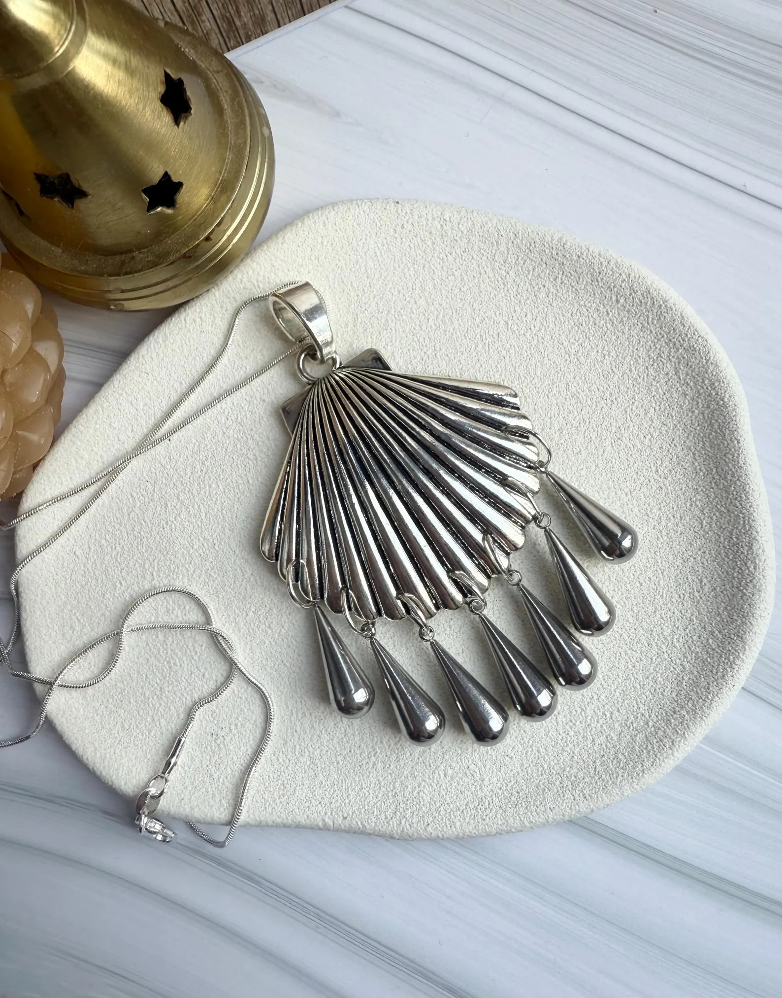 Silver Large Shell Pendant Necklace with silver steel drops | Etsy (US)
