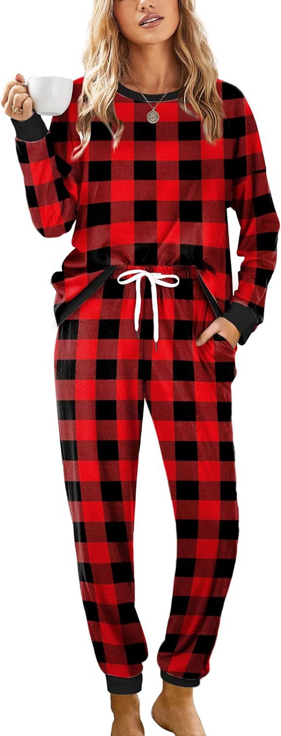 XIEERDUO Pajamas For Women Long Sleeve Crew Neck With Pockets Tie Dye Leopard Plaid Lounge Sets T... | Amazon (US)