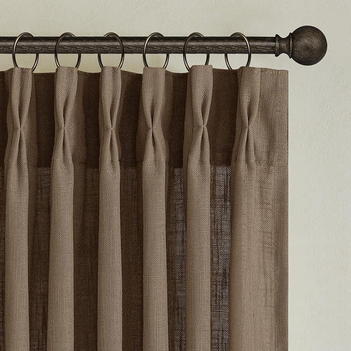 Brown Pleated Linen Curtains 96 Inches Long for Living Room 2 Panel Set Semi Sheer Light Filtering Pinch Pleat with Rings Hooks Drapes Boho Rustic Farmhouse Dutch Cocoa Drapes Bedroom Window W40xL96 | Amazon (CA)