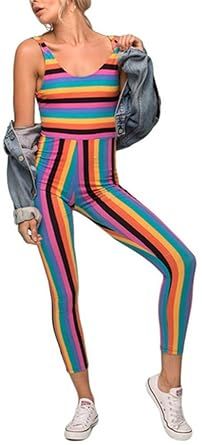 Vamvie Womens Rainbow Stripes Unitard Jumpsuit Playsuit Colorful Grunge Hipster Romper | Amazon (US)