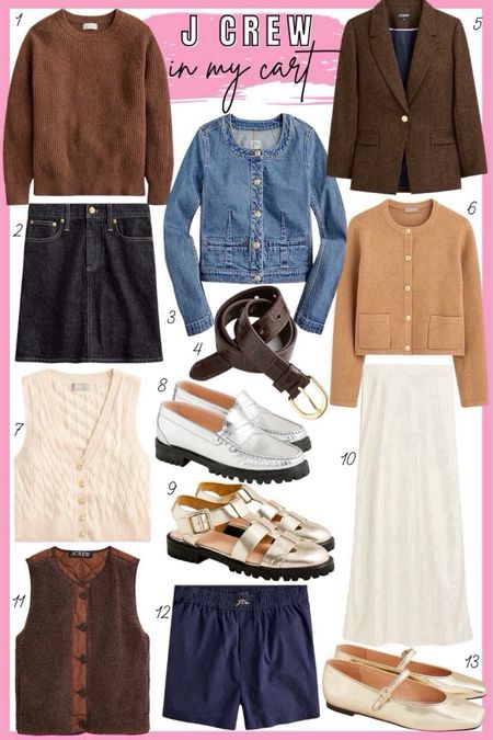 j crew wish list - vests, sweaters, denim skirt, slip midi skirt, gold Mary Jane ballet flats, metallic silver loafers, pajama boxer shorts, belt, cardigan



#LTKSeasonal #LTKfindsunder100 #LTKstyletip