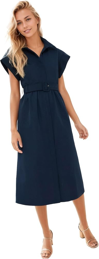 Ladyful Women Casual Button Down Shirt Dress Short Wing Sleeve Buiness Midi Shirt Dress with Belt... | Amazon (US)