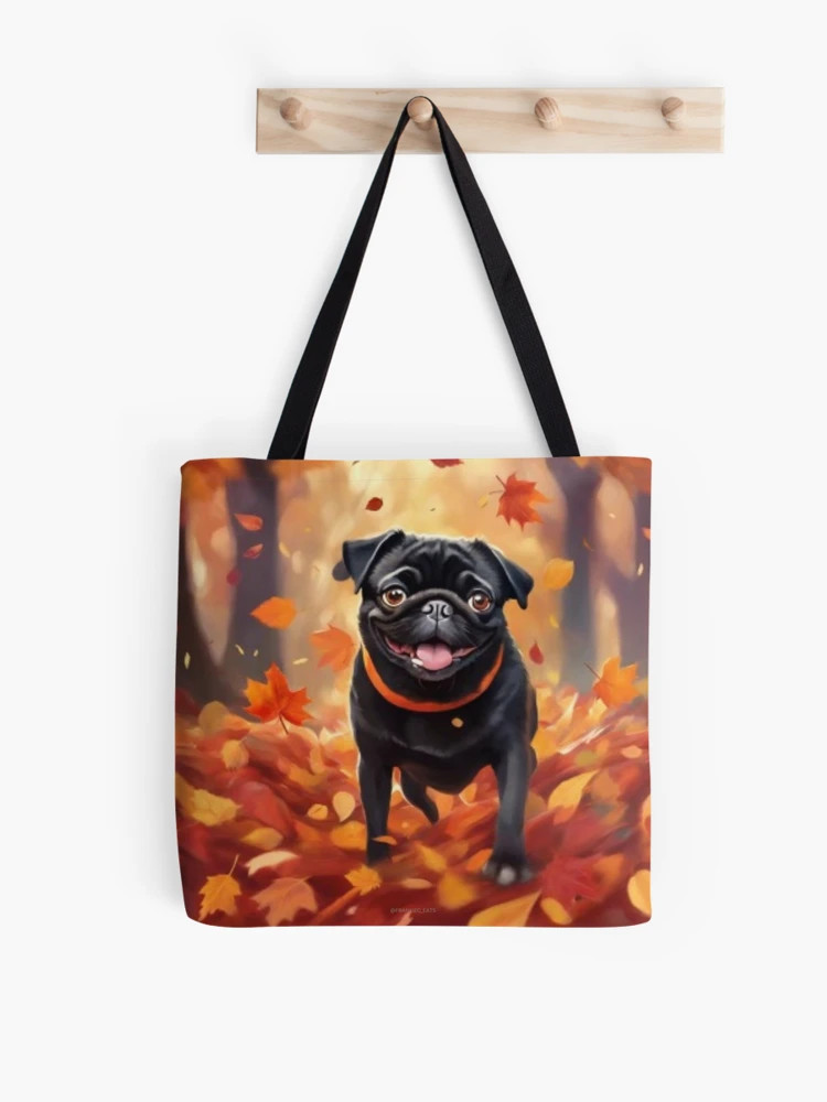 Black Fall Pug Leaves Tote Bag | Redbubble (US)