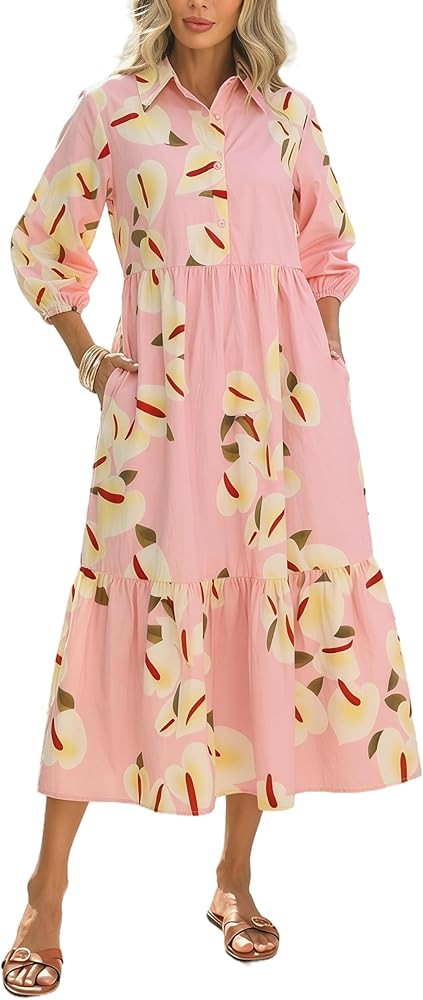 Floral Midi Dress for Women 3/4 Sleeve Cotton Button Up Collared Shirt Dress Flowy Ruffle Hem Spr... | Amazon (US)