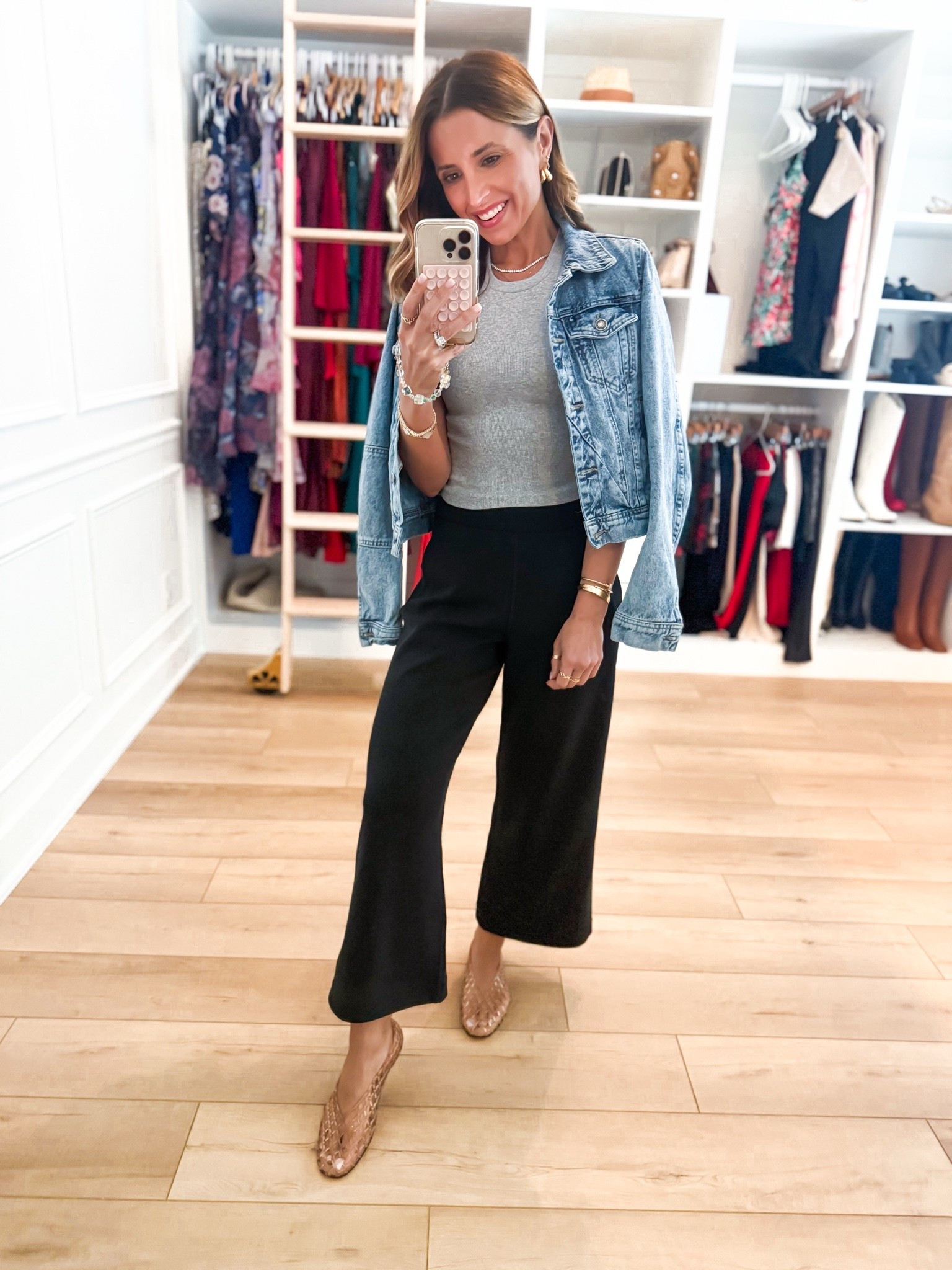 My outfit of the day! Amazon modal-blend wide leg pants in XXS. Aritzia ribbed baby tee in XS. Free a people denim jacket. Jelly ballet flats are whole sizes only - I sized down to a 6 based on reviews and am usually a 6.5. Spring outfit. Travel outfit. Elevated casual outfit. Summer outfit. Mom outfit.

#LTKootd #LTKTravel #LTKPetite