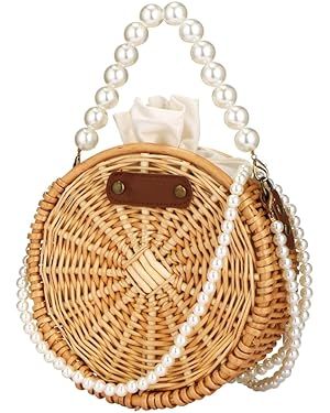 Beach Bag Purse for Women, Natural Hand-woven Rectangular Wicker Handbag, Pearl Basket Purse, Ret... | Amazon (US)