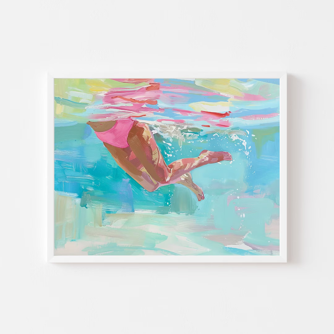 Woman Swimming Under Water Painting Pastel Summer Pool Wall Art Print Beach Lake House Digital Do... | Etsy (US)