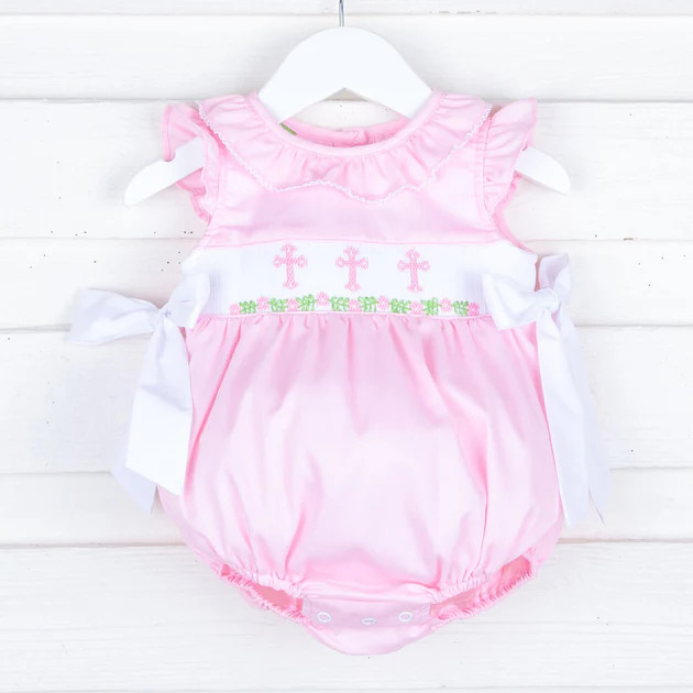 Pink Cross and Vine Smocked Beverly Bubble | Classic Whimsy