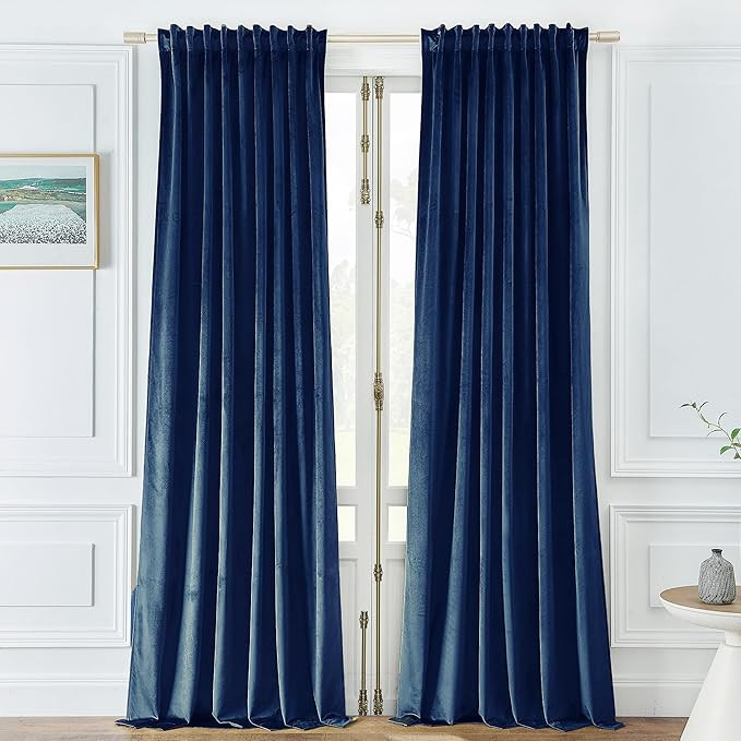Timeper Navy Blue Pleat Back Tab Velvet Curtains W52 x L108 inches 2 Panels, Blackout Solid Home ... | Amazon (US)