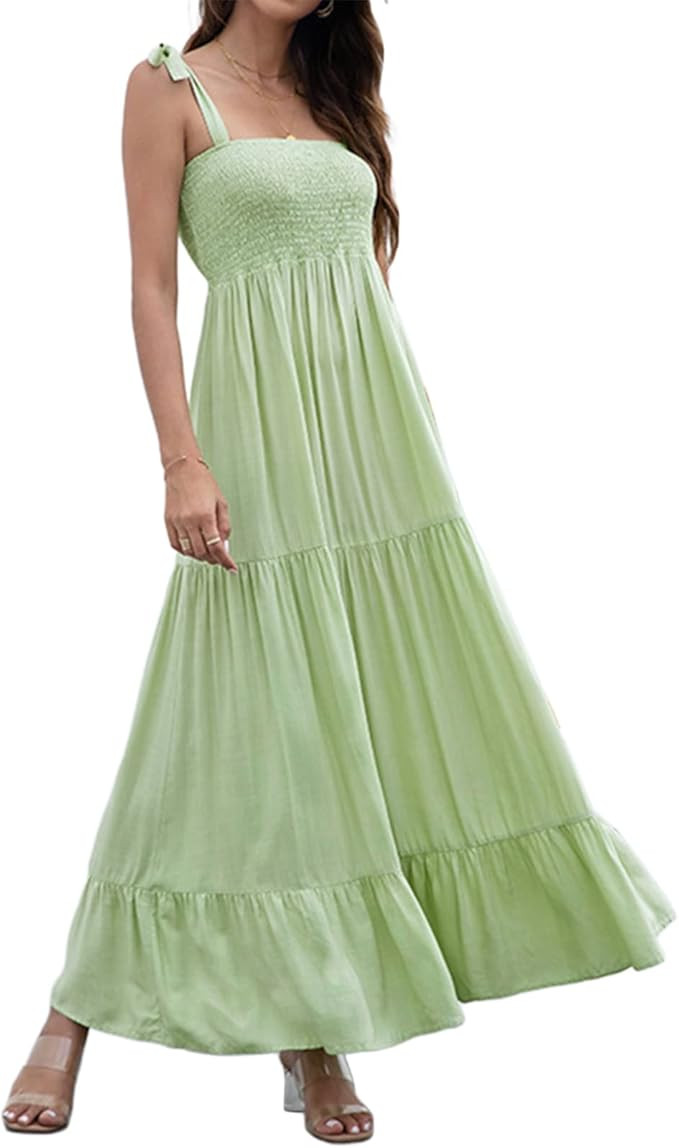 FeMereina Women's Summer Boho Spaghetti Strap Square Neck Solid Color Ruffle A Line Beach Long Ma... | Amazon (UK)