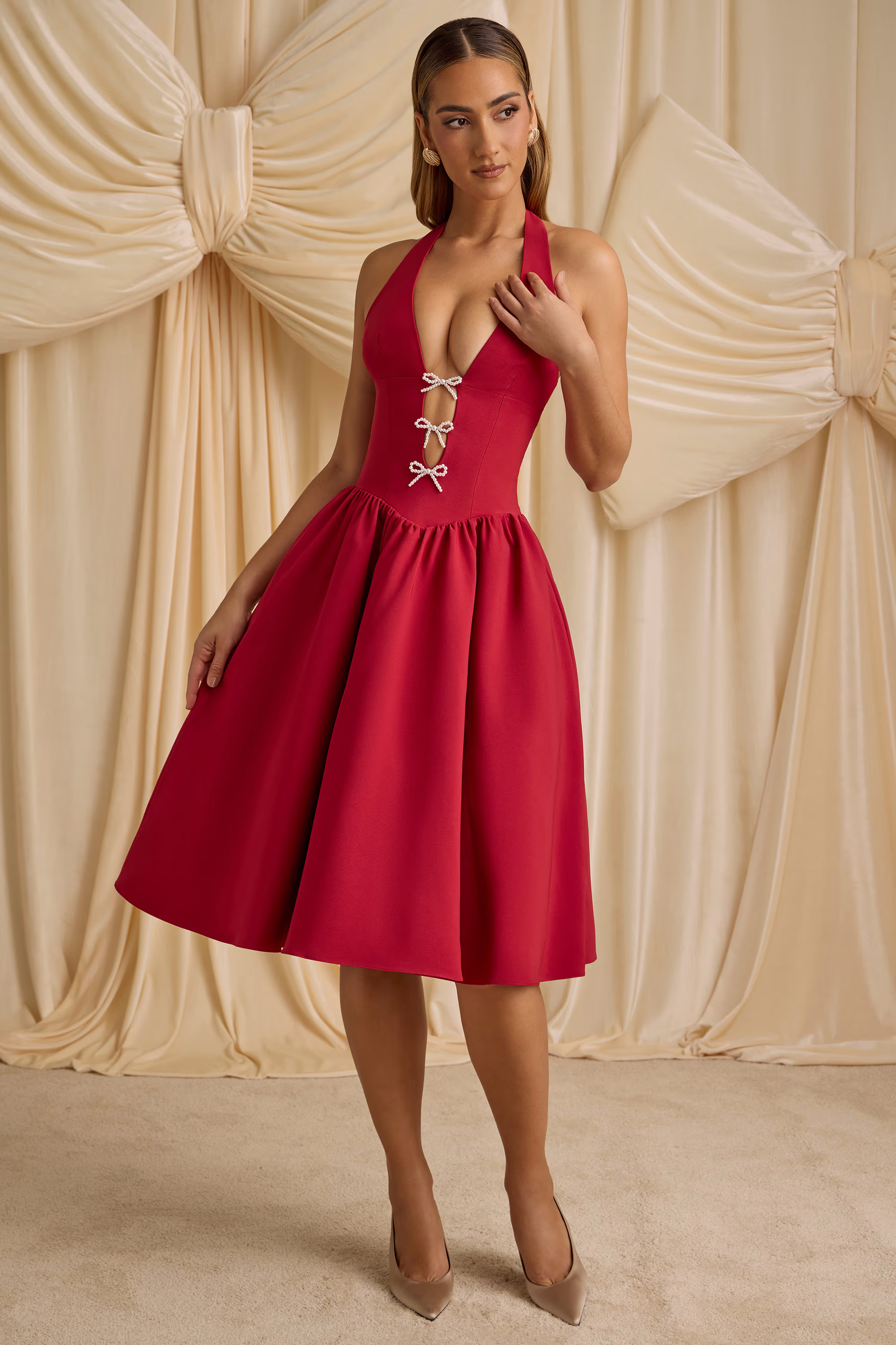 Halterneck Bow-Detail Midi Dress in True Red | Oh Polly