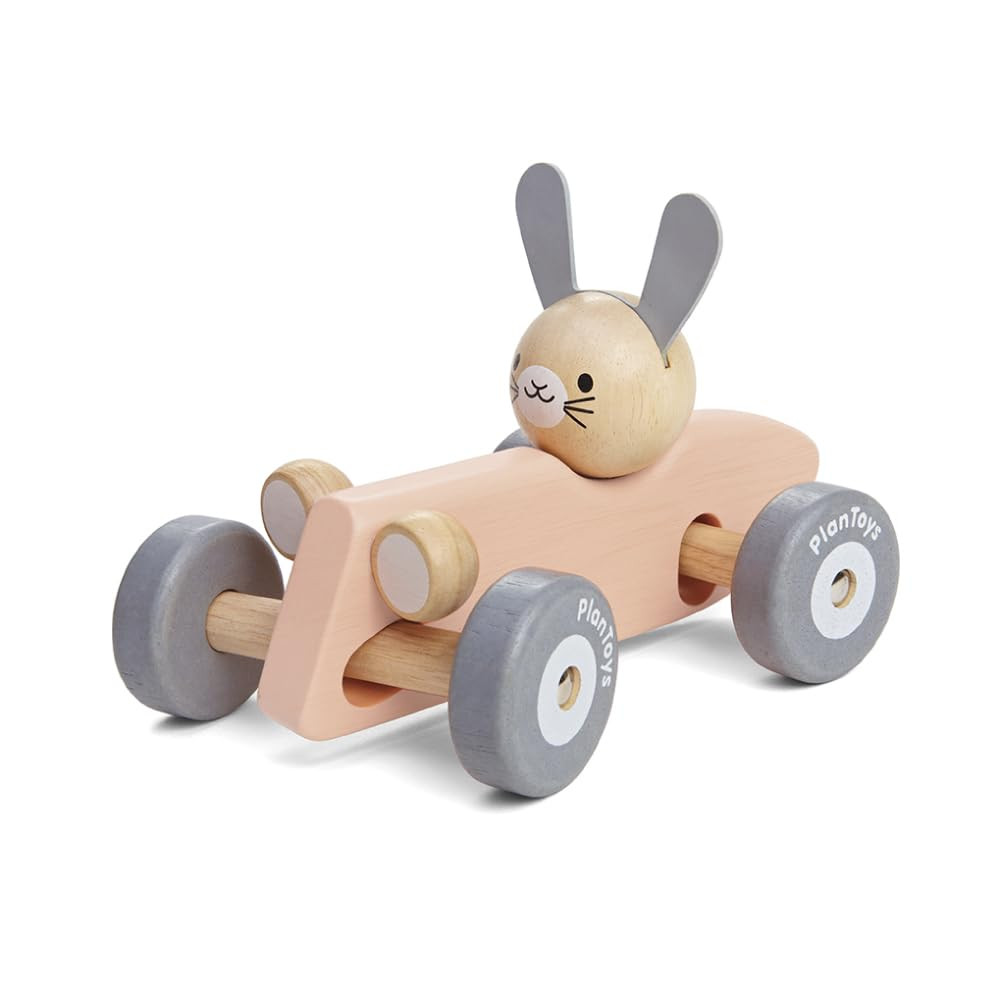 PlanToys Wooden Bunny Rabbit Racing Car with Vintage Car Theme (5717) | Pastel Color Collection |... | Amazon (US)