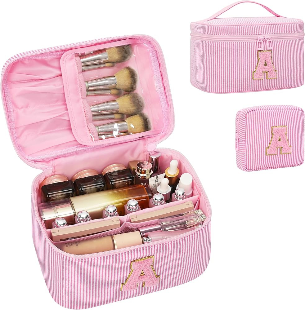 Initial Makeup Bag Set for Girls&Women,Monogram Cosmetic Bag with Brush Holder,Personalized Make ... | Amazon (US)