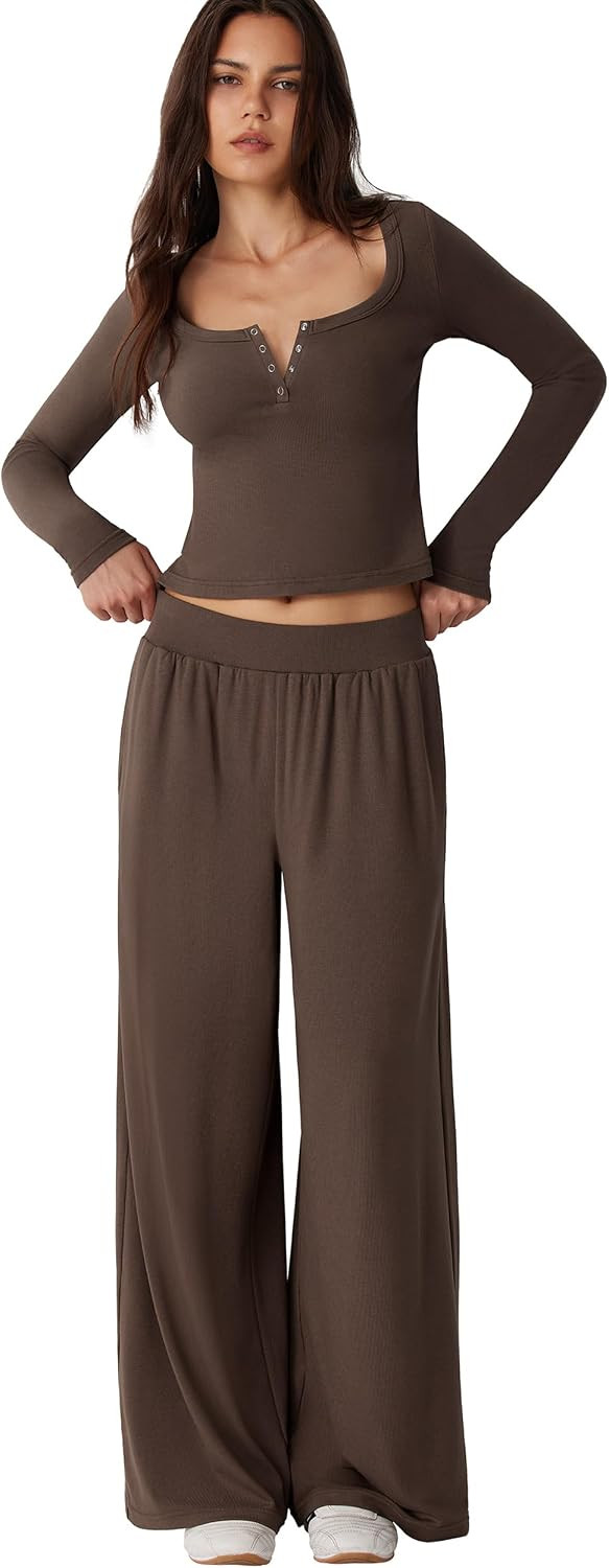 MOOSLOVER Women 2 Piece Lounge Set Matching Henley Top Wide Leg Pants Set | Amazon (US)