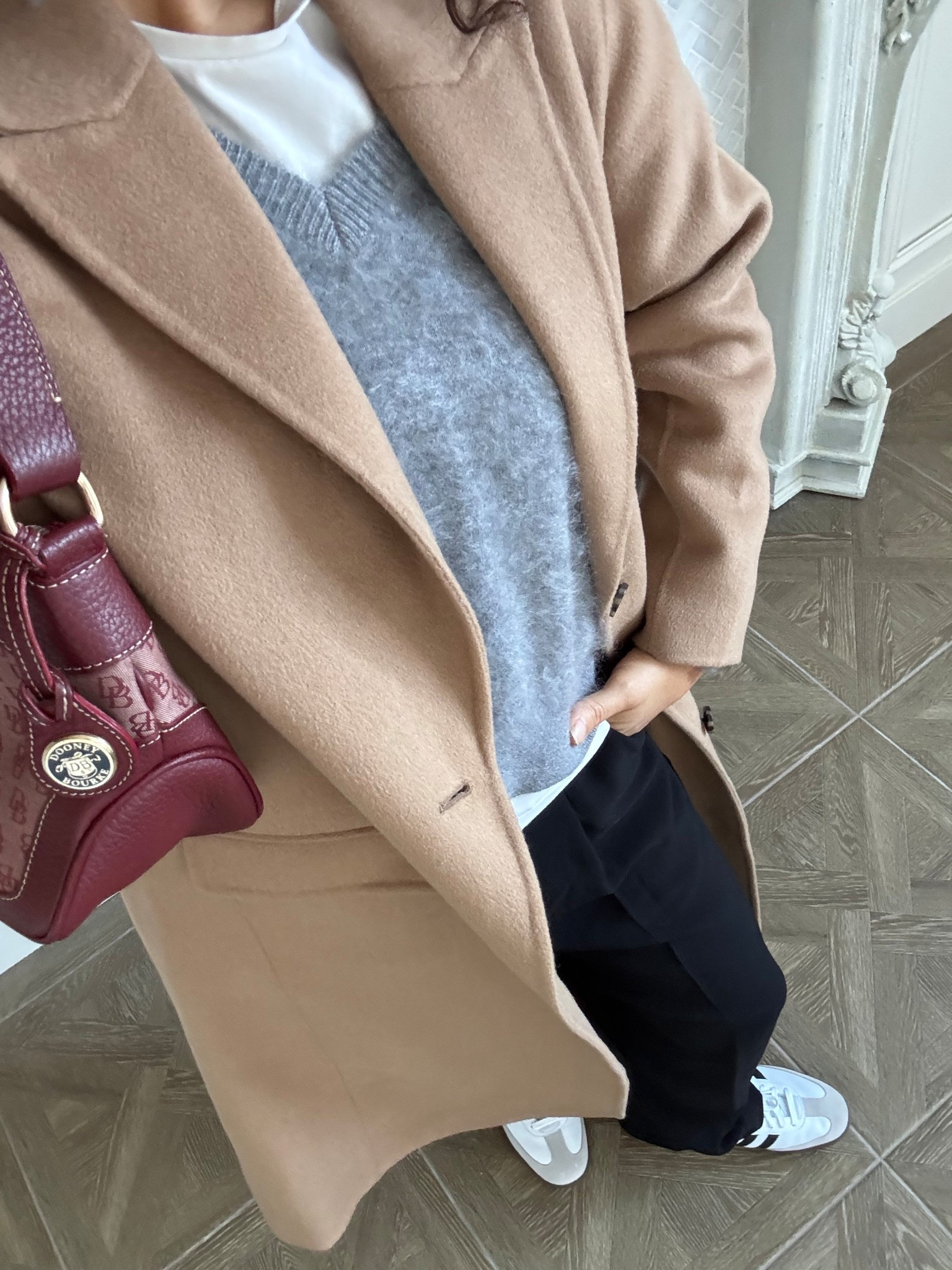 Casual chic outfit: white t-shirt, v neck sweater, black pants, sneakers, wool coat 

#LTKootd