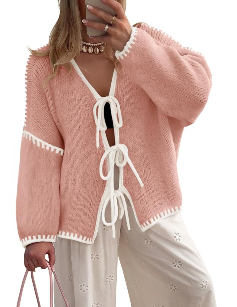 ZESICA Women's Tie Front Bow Cardigan Sweaters 2025 Casual Long Sleeve Knit Color Block Fall Wint... | Amazon (US)