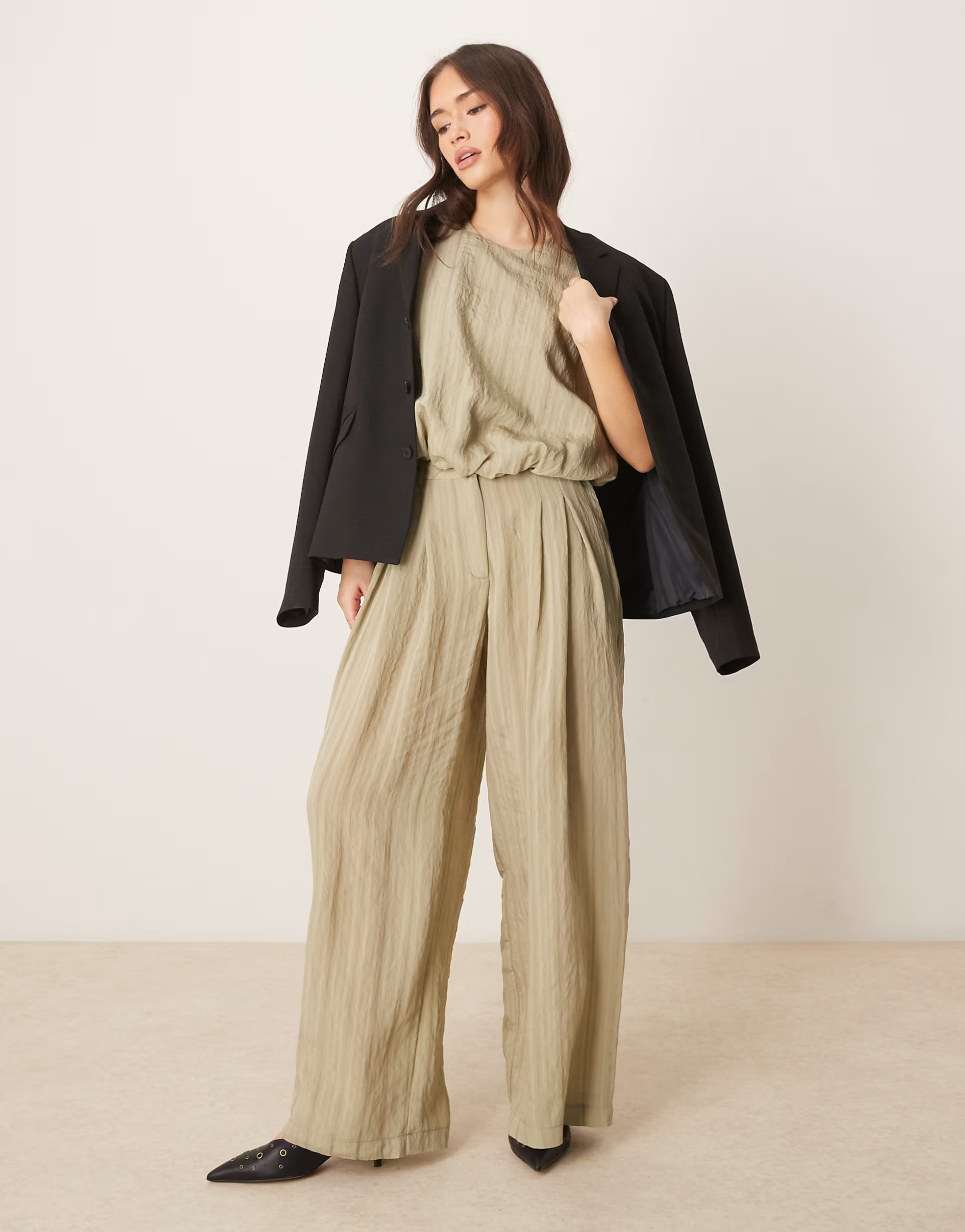 ASOS DESIGN wide leg trousers co-ord in green tonal stripe | ASOS (Global)