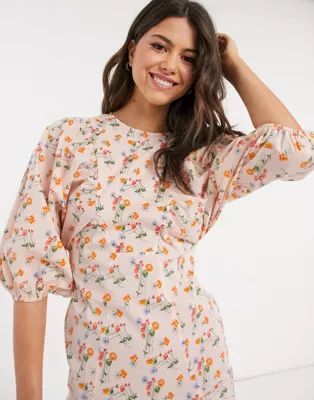 ASOS DESIGN cotton poplin mini dress with puff sleeves in ditsy floral | ASOS UK