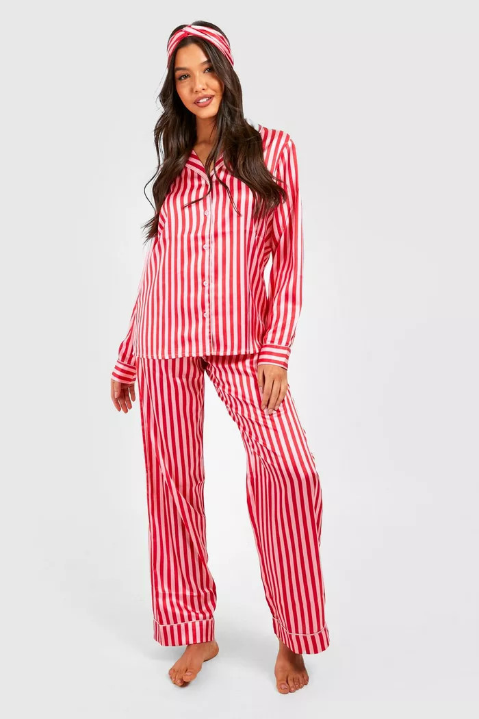Candy Stripe Satin 3Pc Pajama Set & Headband | boohoo (US & Canada)