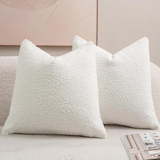 DEZENE Textured Boucle Throw Pillow Covers 20x20 White for Bed Couch Sofa Living Room, Pack of 2 ... | Amazon (US)