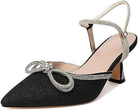 Joseywade Rhinestone Bow Heels Women Pointed Toe Low Heel Pumps Adjustable Ankle Strap Wedding Br... | Amazon (US)