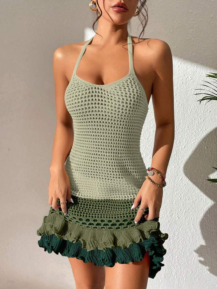 SHEIN Swim Fashionable Women's Color Block Halter Neck Tie Waist Cover Up Dress,Summer Beach | SHEIN