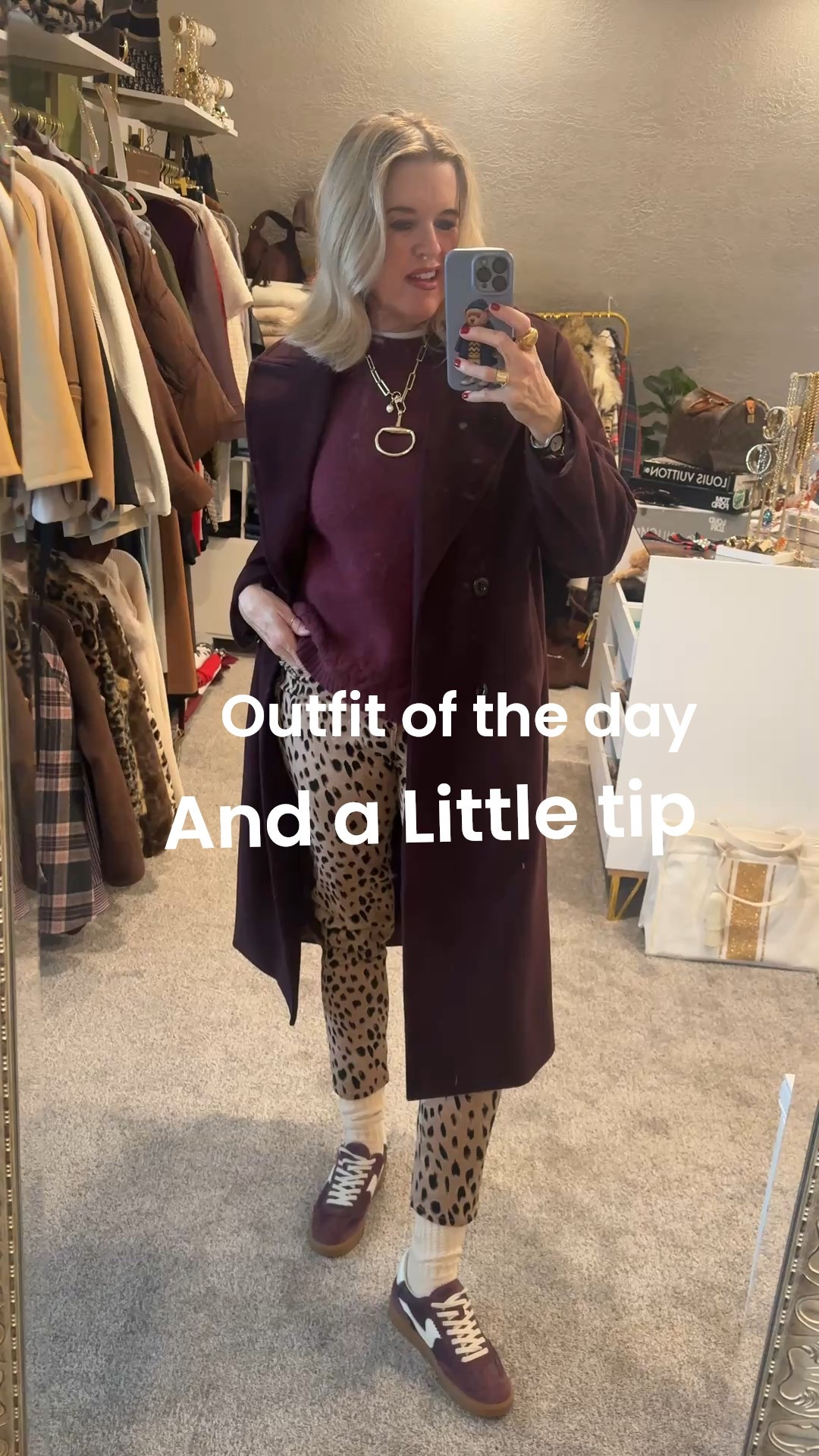 Outfit of the Day 
Winter outfit inspo
And a little tip✔️

Wine & Leopard print color combo 

Wine full length coat

Wine sweater Amazon find tts and good quality tts in a small

White Pumiey double lined long sleeve top . Tts in a med 

Leopard Chico slim straight leg pants tts in a 0 

Slouch socks 

Dolce Vita  tennis shoe 

Julie Vos earring and ring 

Handmade Horse bit necklace 


#LTKWorkwear #LTKgrwm #LTKootd