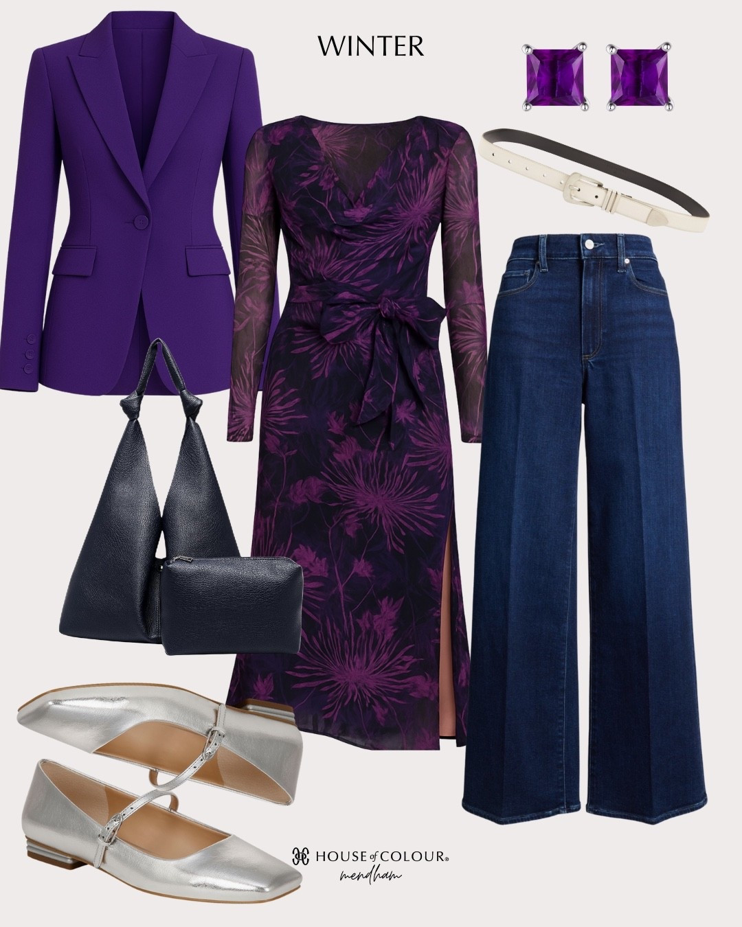 
Royal purple blazer. Winter looks navy blue purse, silver shoes.

#LTKSeasonal #LTKFindsUnder100