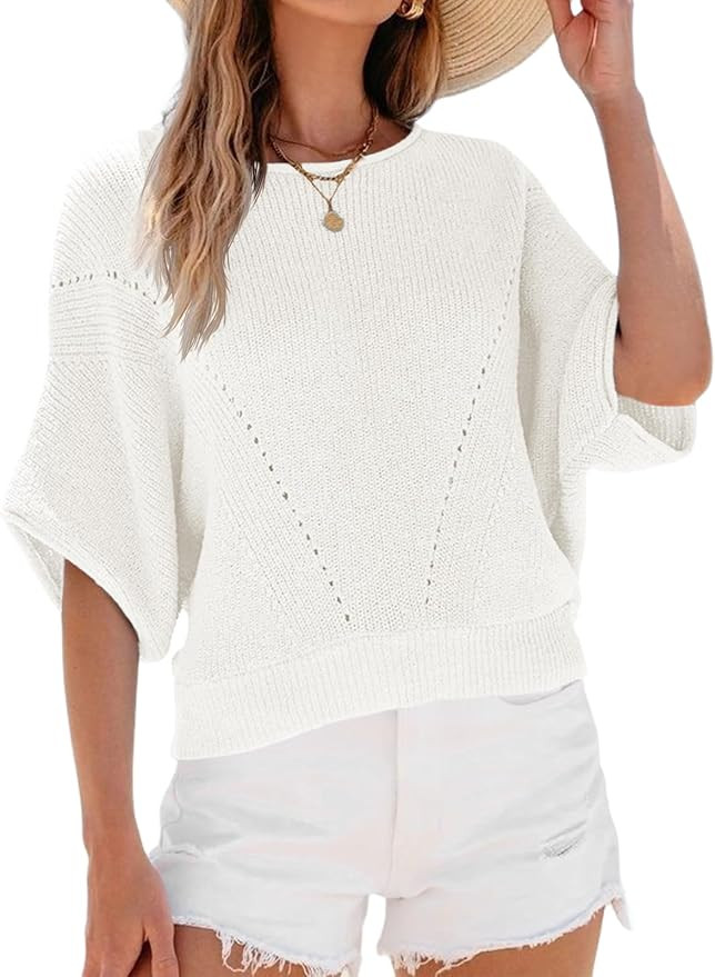 Saodimallsu Womens Short Batwing Sleeve Sweater Tops Crochet Knit Crew Neck Loose Casual Summer P... | Amazon (US)
