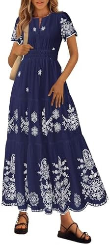 PRETTYGARDEN Boho Dresses for Women 2026 Summer Spring Casual Floral Short Sleeve V Neck Maxi Ela... | Amazon (US)