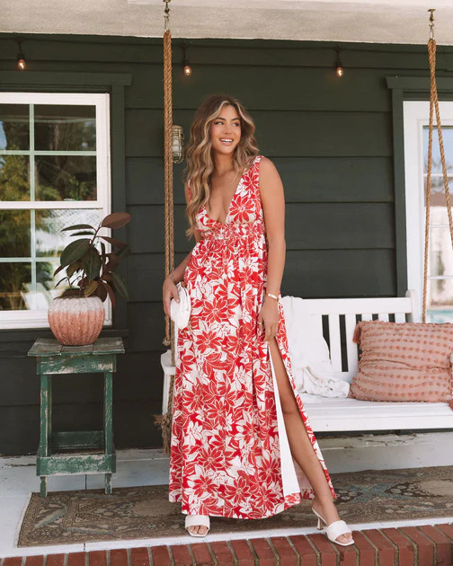 Island Girl Floral Smocked Side Slit Maxi Dress - Red/Cream | VICI