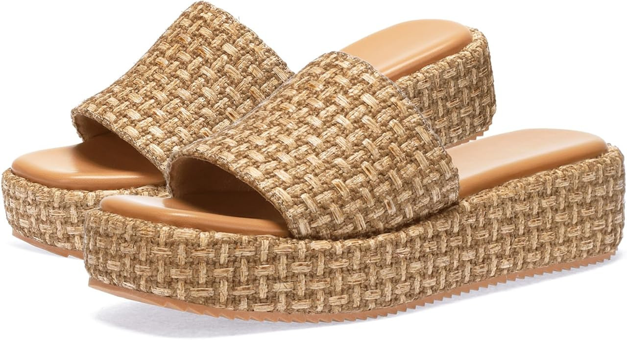 Monrovia Platform Sandals Women Raffia Wicker Espadrilles, Slip On Low Wedge Slides, Summer Straw... | Amazon (US)
