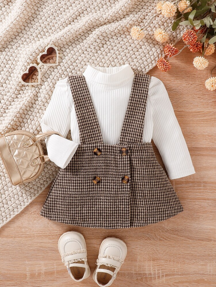 Baby Puff Sleeve Bodysuit & Houndstooth Print Suspender Skirt | SHEIN