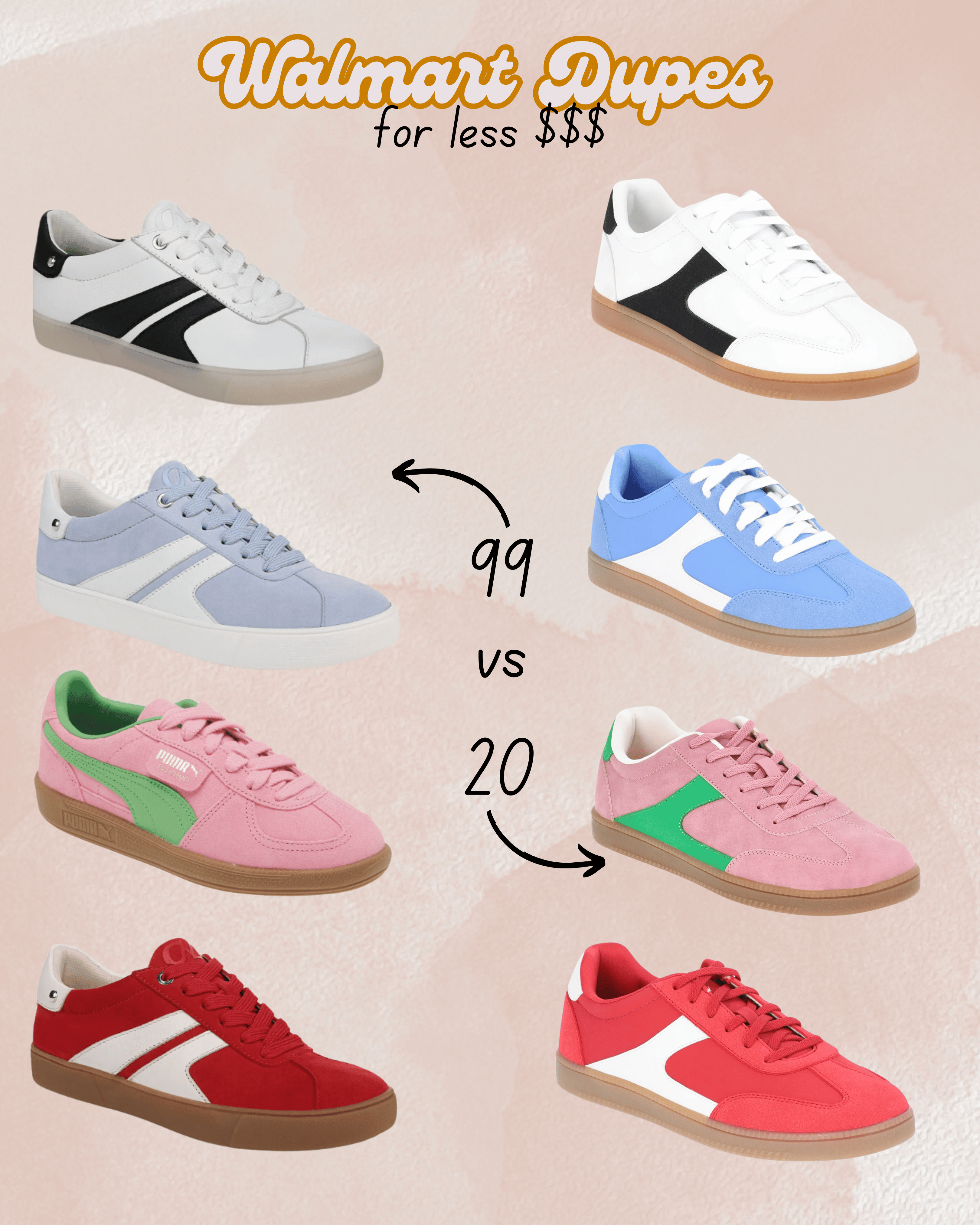 Walmart finds for less.  These sneakers come in a variety of colors and are $20 each. Designer look alikes for less.  These tennis shoes are comfortable too which is an added plus.  #walmartfinds #dupesforless

 

#LTKShoeCrush #LTKFindsUnder50 #LTKActive