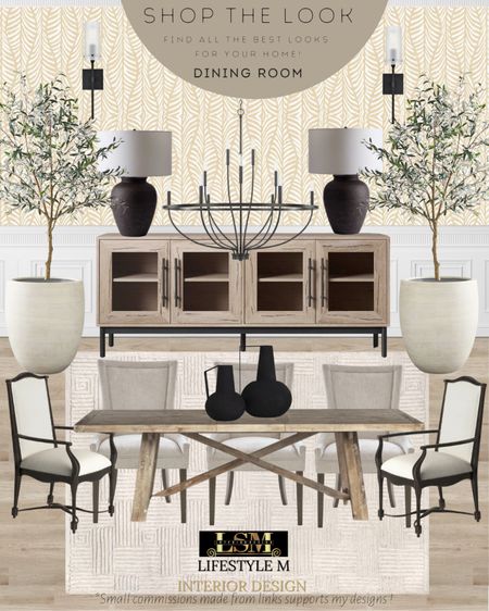 Modern farmhouse dining room design idea. Wood dining table, black white upholstered dining chair, black vase, white creme rug, white terracotta tree planter pot, realistic faux fake olive tree, upholstered dining chair, wood buffet credenza, black table lamp, black chandelier, black wall sconce, beige creme modern wall paper. 

#LTKhome #LTKFind #LTKstyletip