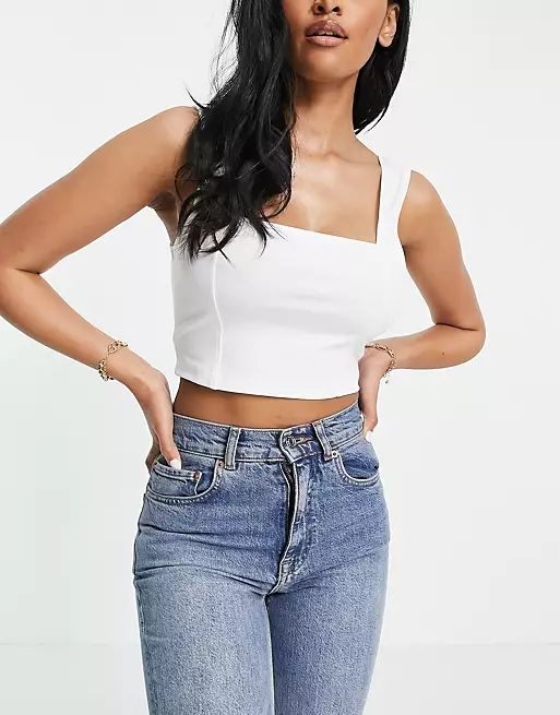 ASOS DESIGN Hourglass organic cotton crop cami with square neck and seam detail in white | ASOS (Global)