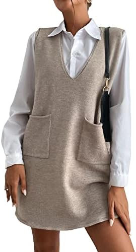 OYOANGLE Women's V Neck Sleeveless Knitted Solid Short Sweater Dress with Pockets | Amazon (US)