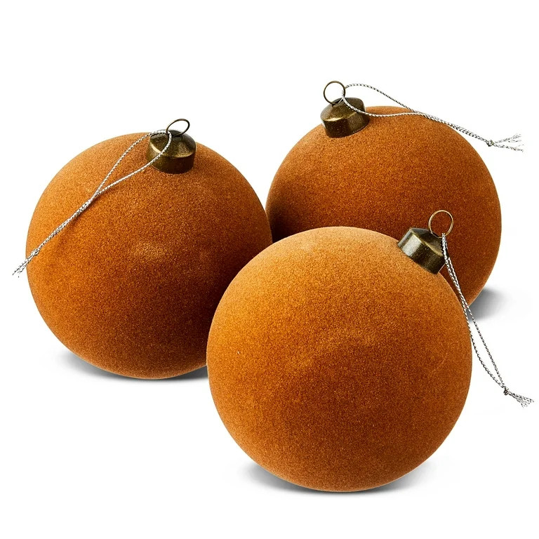 4 Count Brown Flocked Ball Christmas Ornaments, 4.5", by Holiday Time | Walmart (US)