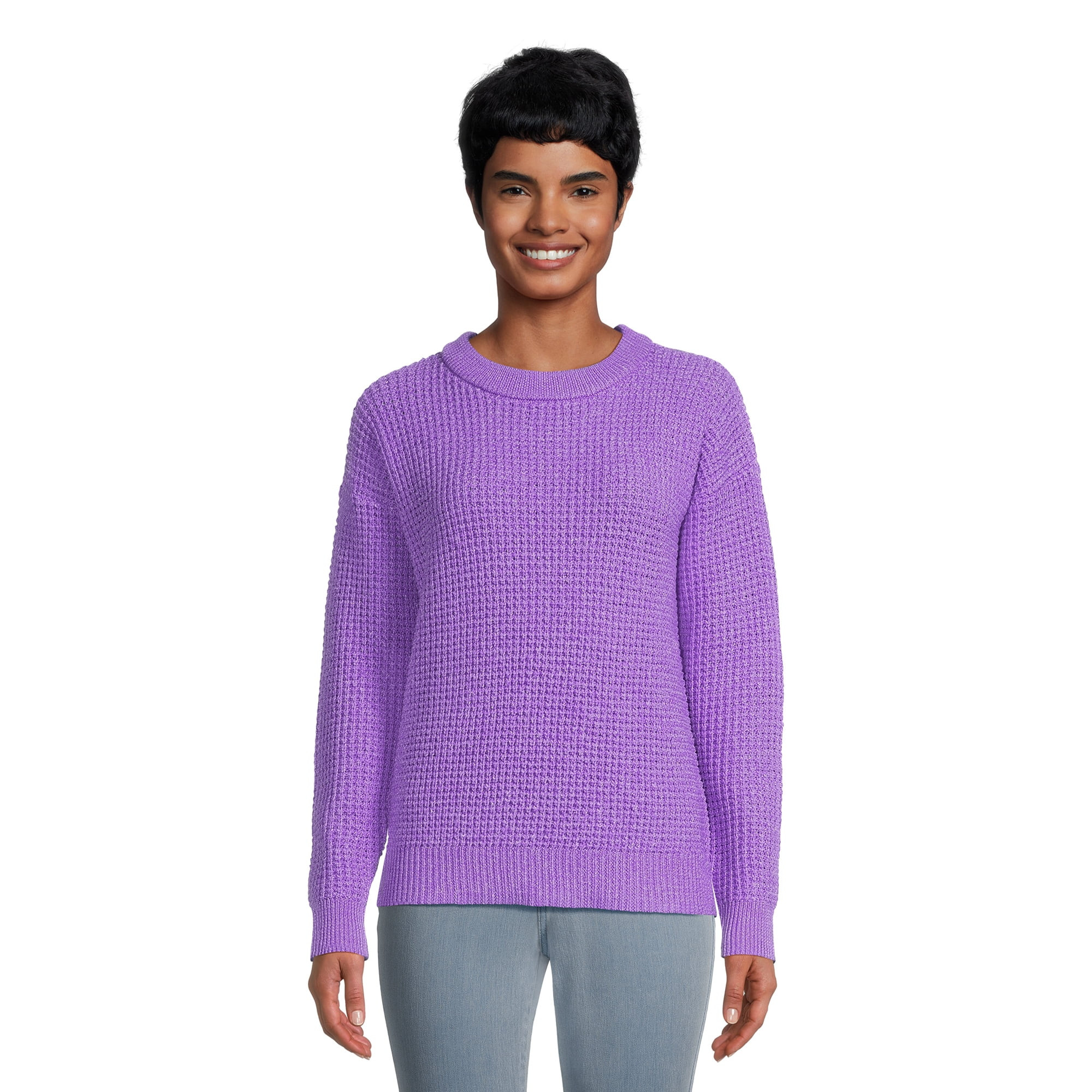 Time and Tru Women's Long Sleeve Waffle Crewneck Pullover Sweater | Walmart (US)