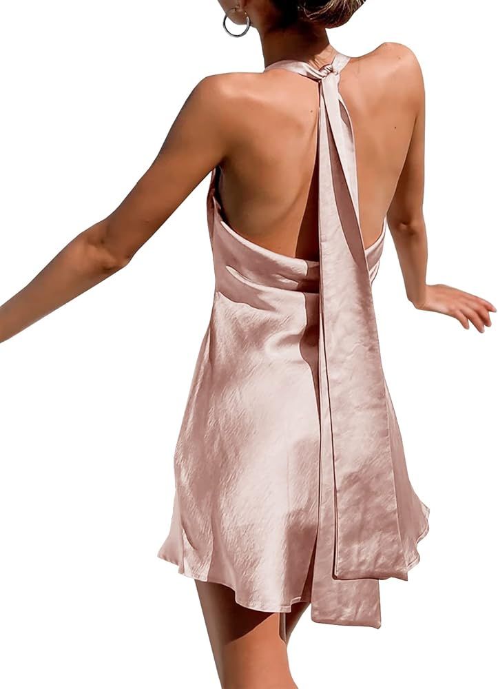 Heysolo Womens Satin Mini Dress Halter Neck Sleeveless Backless Party Summer Sleepwear Short Dress | Amazon (US)