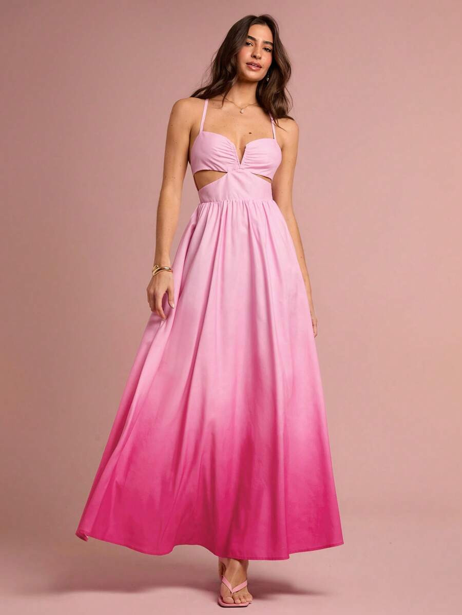 Enchnt Spring/Summer Romantic Women's Gradient ROSE Pink Waist Hollow Out Spaghetti Strap Backles... | SHEIN