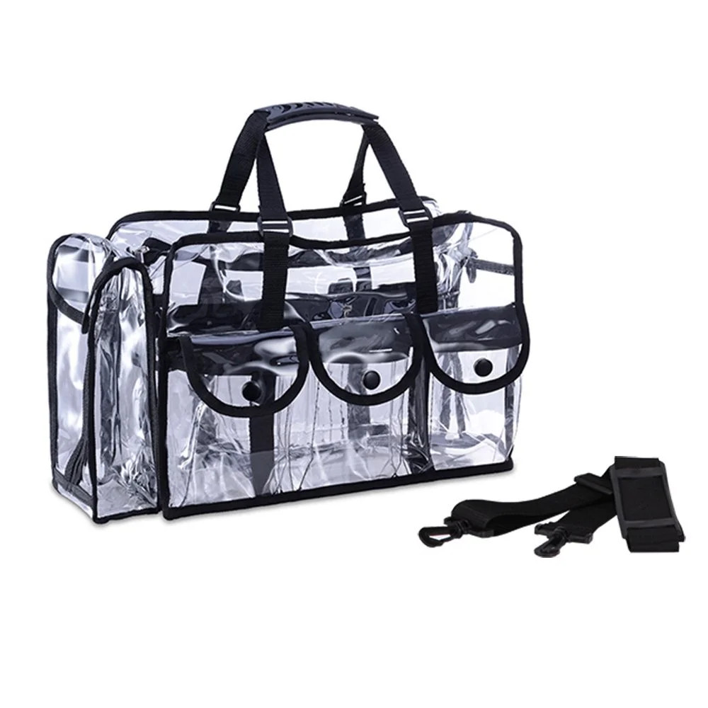 Clear PVC Travel Makeup Cosmetic Bag with 6 External Pockets and Shoulder Strap, Black Trim | Walmart (US)
