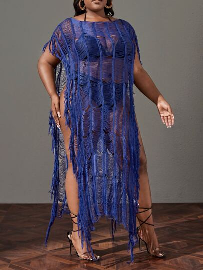 Plus Fringe Trim Split Hem Batwing Sleeve Cover Up Without Bikini
   SKU: sf2205014741148910     ... | SHEIN