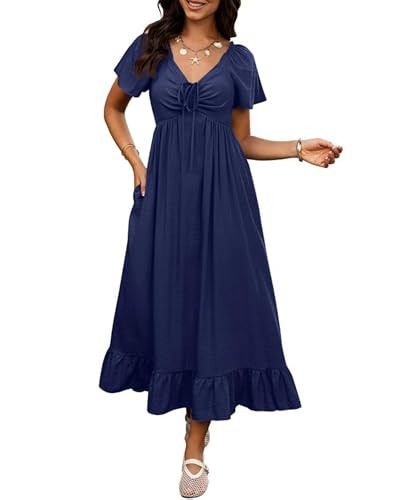 BTFBM Womens Spring Dresses 2026 Casual Short Sleeve V Neck Drawstring Wedding Guest Maxi Dresses... | Amazon (US)