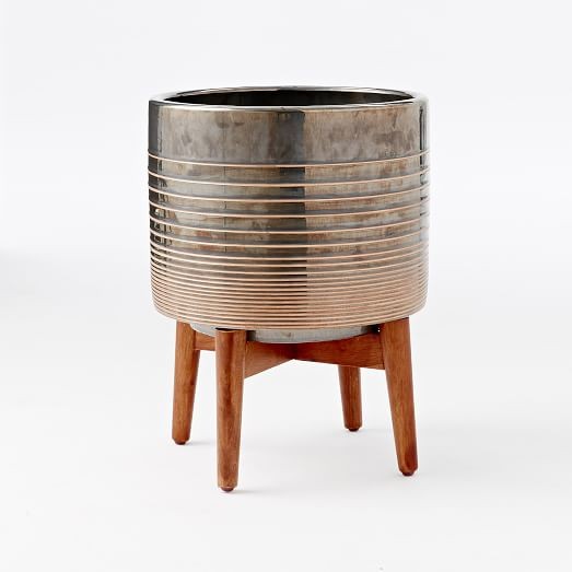 Mid-Century Turned Wood Leg Planters - Patterned | West Elm (US)