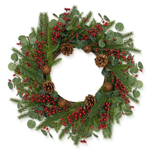 Yawwind Artifical Christmas Door Wreath 22 Inches Christmas Wreaths for Front Door Rustic Winter Wreath with Evergreen Pine Needle Pinecone Red Berries for Wall Porch Window Holiday Indoor Outdoor | Amazon (US)
