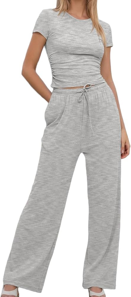 Women's 2 Piece Lounge Sets Ruched Short Sleeve Crop Top High Waisted Wide Pants Tracksuit Sets A... | Amazon (US)