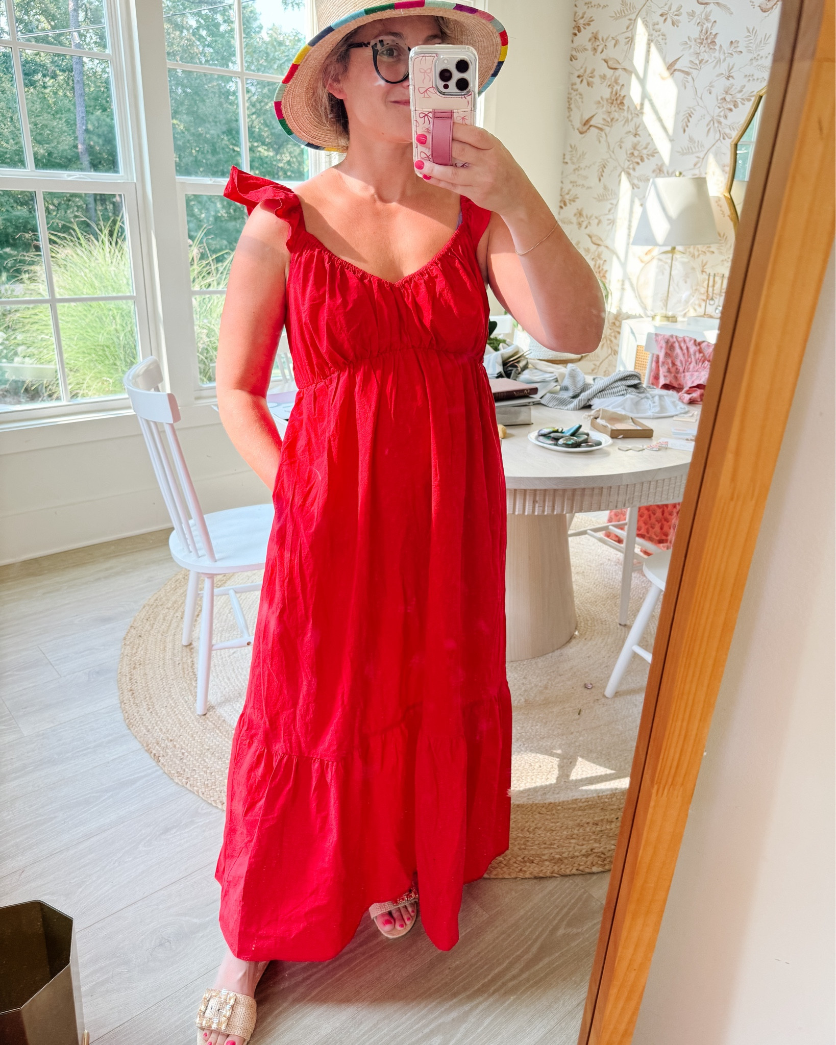 Tropical vacation outfits , featuring: straw bucket hat perfection, rhinestone raffia sandals , red maxi dress, embroidered top, and sunshine tienda earrings!! 